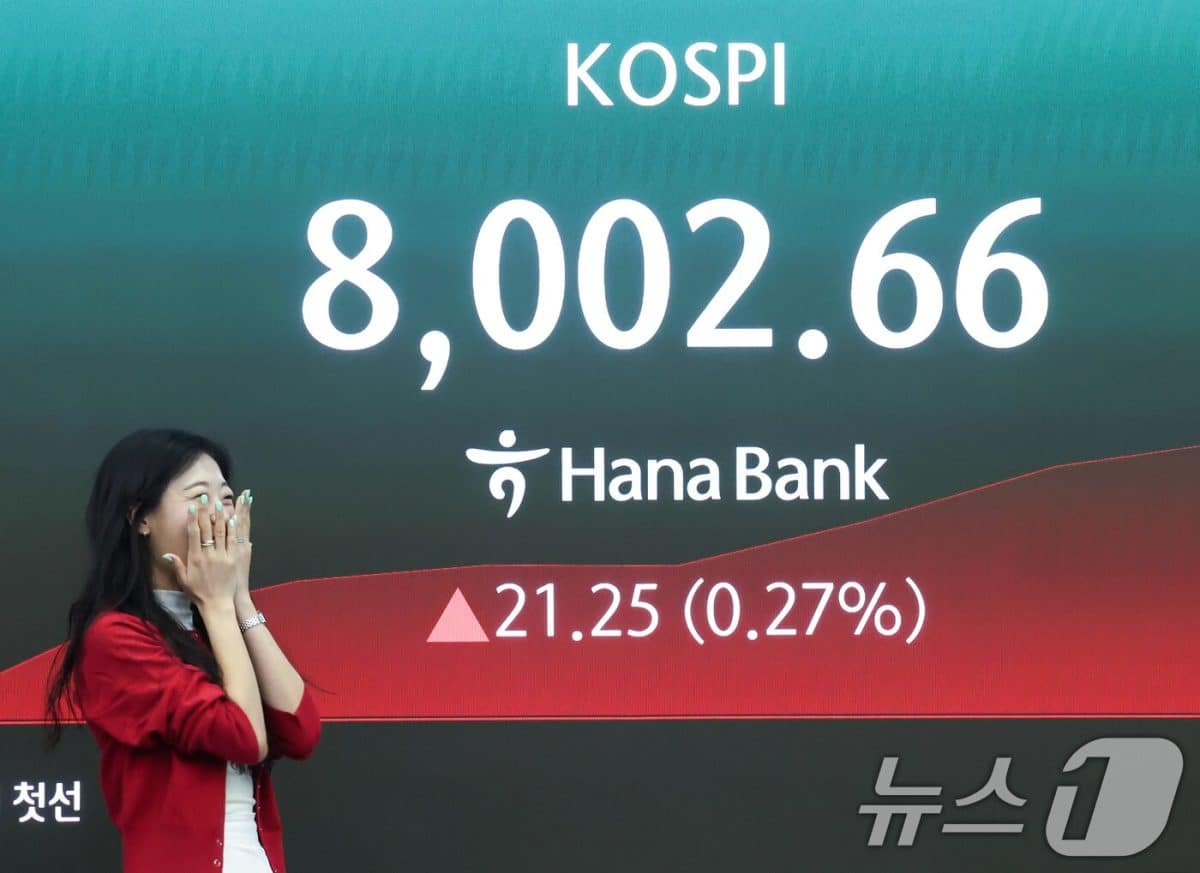 코스피 8000대 돌파와 급락이 대비된 주가 시세 차트 장면
