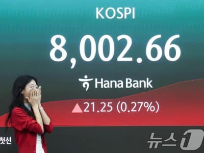 코스피 8000대 돌파와 급락이 대비된 주가 시세 차트 장면